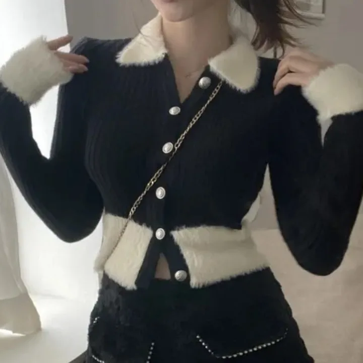 Chic Autumn Winter ort Sve Long Knitted Sweater Splice Single Button Sexy Girl Slim Fit Casual Sle Polyester Fiber