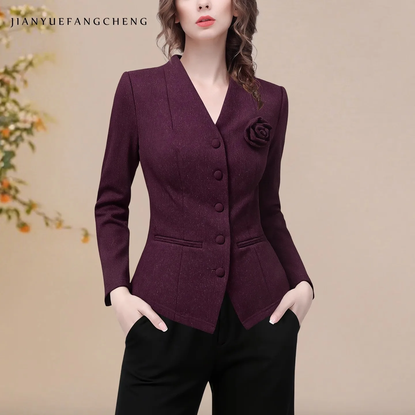 เสื้อเบลเซอร์ถักไหมพรมสีม่วง คอวี ทรงสั้น สไตล์วินเทจ สำหรับผู้หญิง แต่งลายดอกไม้ ช่วยพรางหุ่น กระชับเอว ทรงเข้ารูป