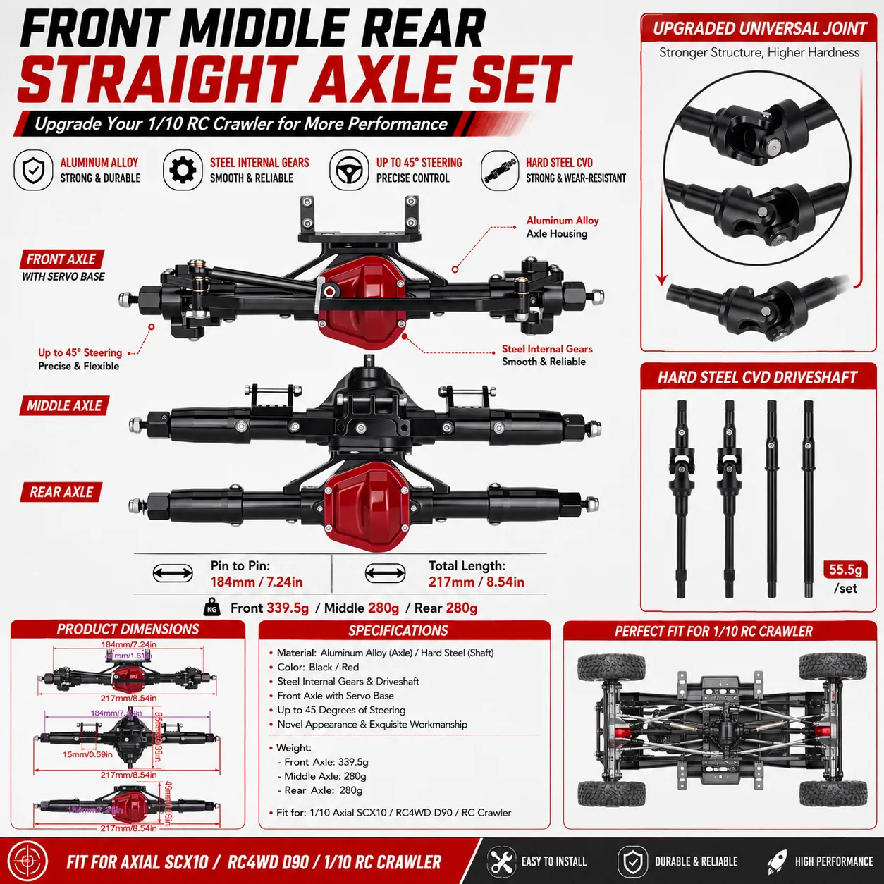 1/10 RC Crawler Car Front Middle Rear Aluminum Straight Axle with Servo Base for Axial SCX10 RC4WD D90 1:10 RC Car Upgrade Part
