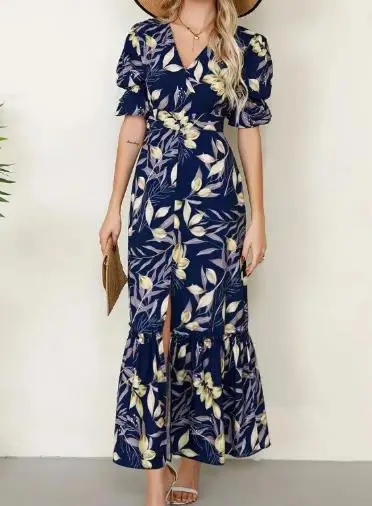 

New hot selling V-neck elegant ruffled hem split dress