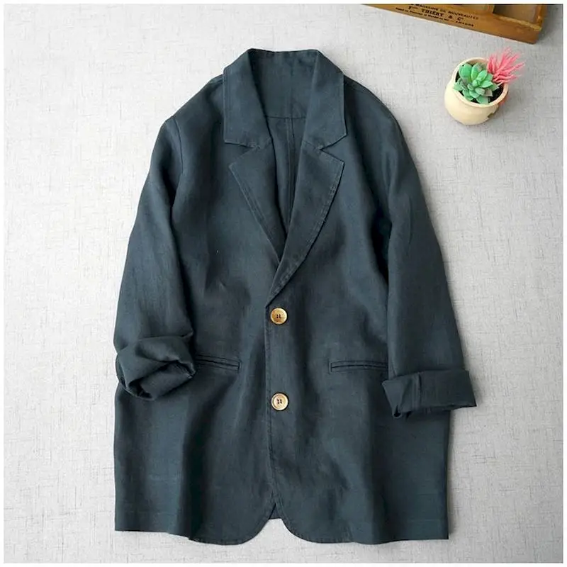 Cotton Linen Blazers for Women Vintage Long Sleeve Casual Korean Style Outerwears Mid Length Tailored Collar Coats Women Tops