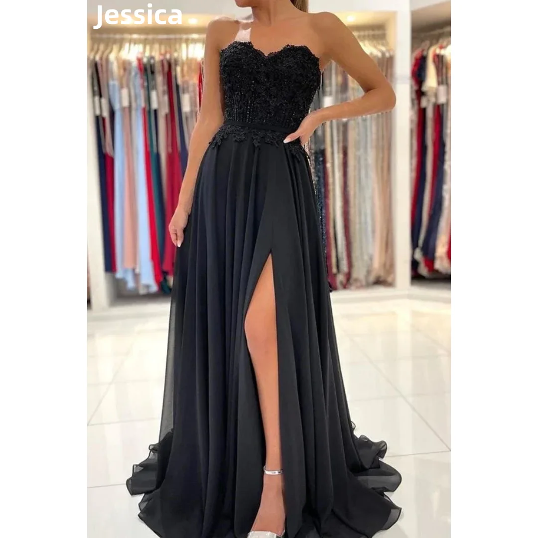 

Jessica Black Lace Embroidery Prom Dresses Strapless Elegance Evening Dresses Wedding Formal Party Dress Robes De Soirée