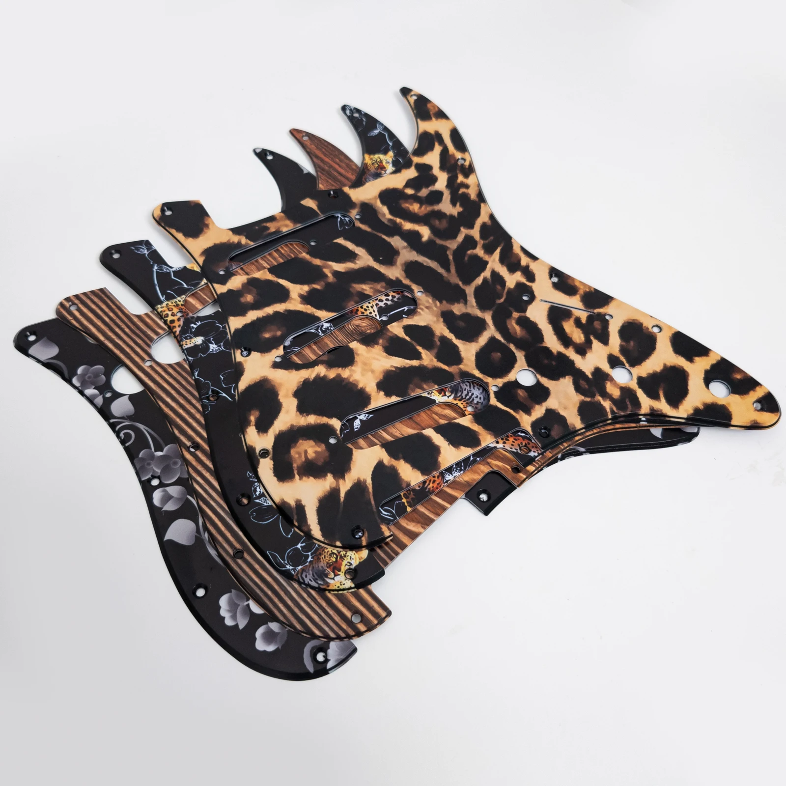 SSS Guitar Pickguard 11 Hole Scratch Plate with Screws, 3D Leopard Tiger Flower Wood Grain for ST Style Electric Guitar