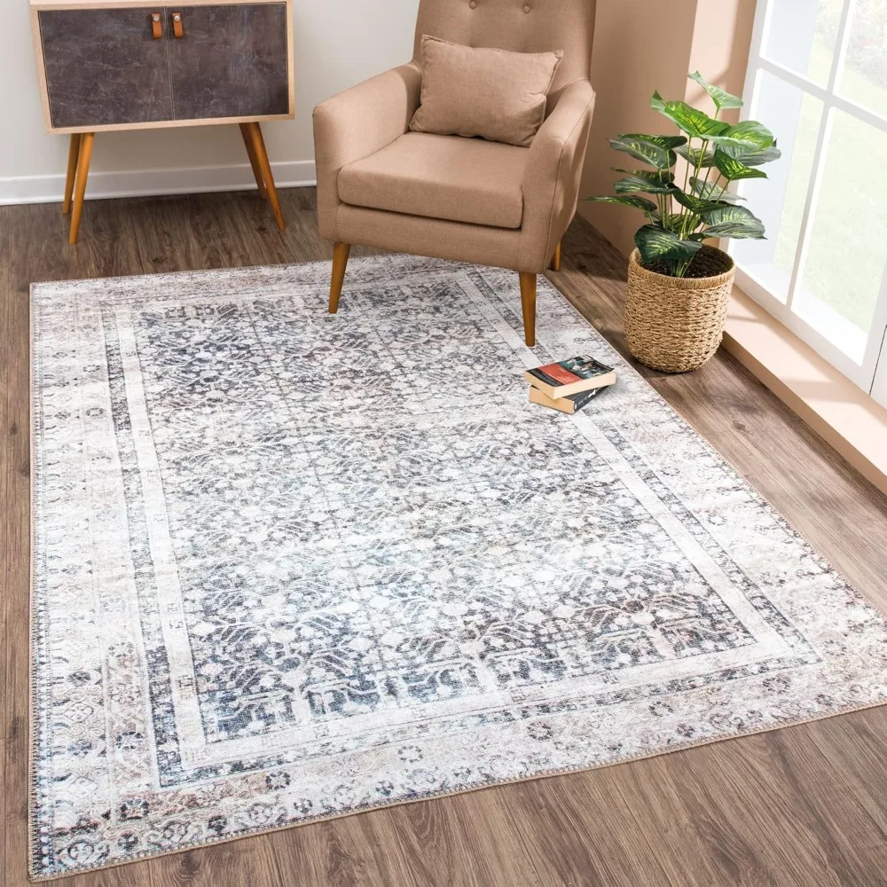 

Bloom Rugs Washable Non-Slip 4' x 6' Rug - Tan/Blue/Green Traditional Area Rug for Living Room, Bedroom, Dining Room, and Kitche