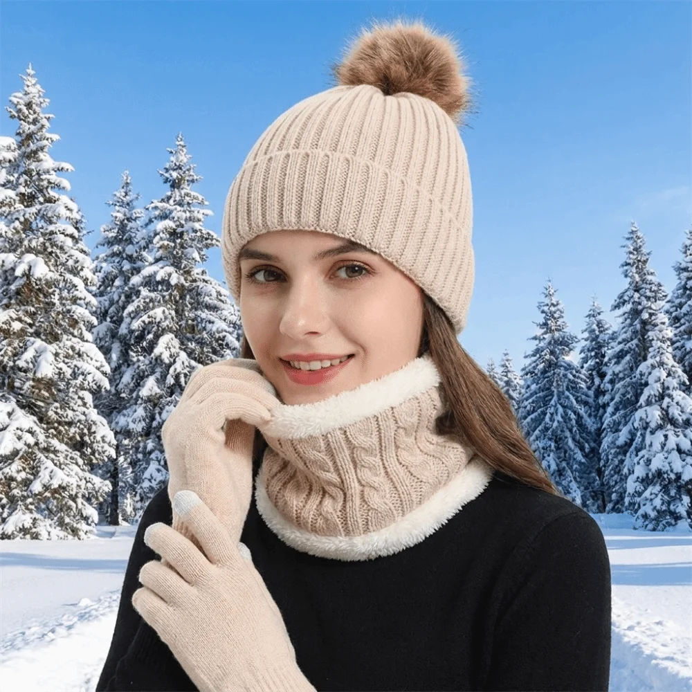Thickened Hat Scarf Gloves Set Solid Color Beanie Hat Pompom Beanies Hat Thermal Breathable Winter Knitted Gloves Set Men