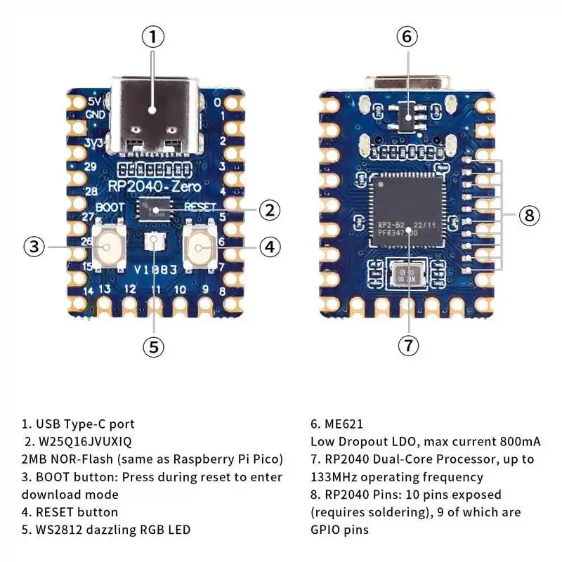 1-20PCS RP2040-Zero for Raspberry Pi Microcontroller PICO Development Board Module Dual-core Cortex M0+ Processor 2MB Flash XCW