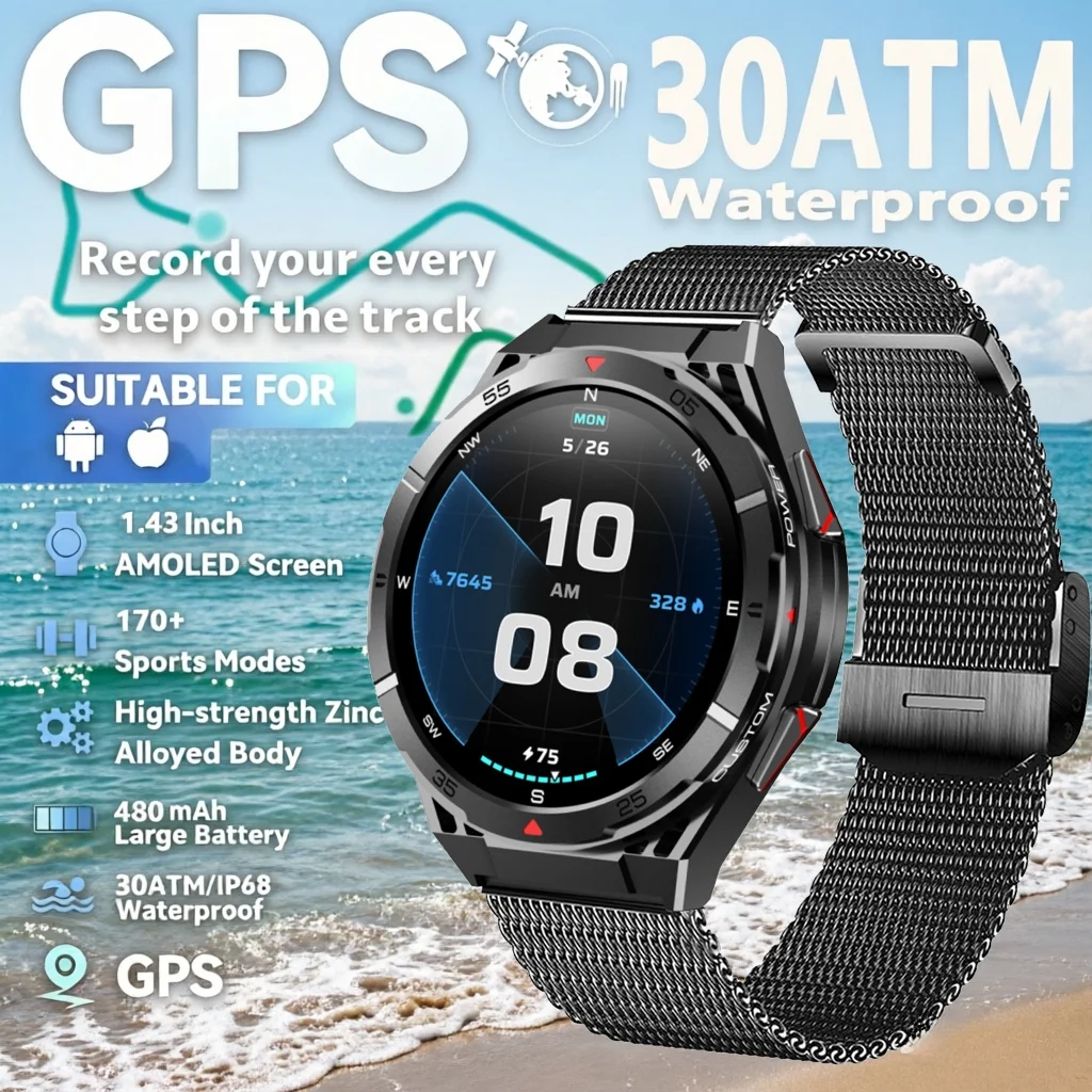New Model Smartwatch 30ATM Water-Resistant, GPS Compass, Flashlight 170+ Sports Modes, High-Definition Call, Sports Smartwatch
