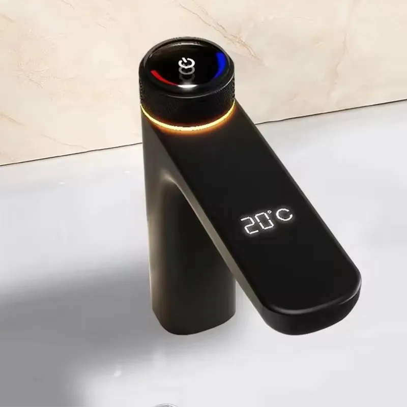 

Push-Button Digital Display Black Hot Cold Mixer Bathroom Faucet Deck Mounted Brass Wash Basin Faucet