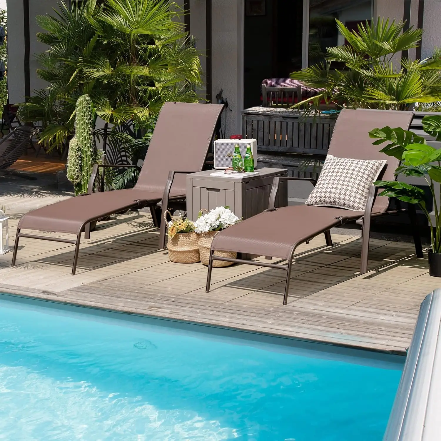 5-Level Adjustable Folding Chaise Lounge, Stackable Patio Recliner with Steel Frame for Poolside & Backyard, Customized