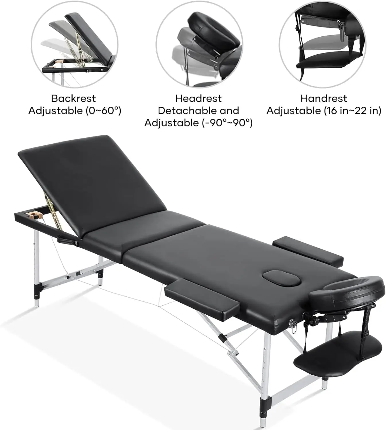 Careboda-Mesa de masaje portátil de 3 pliegues, 23,6 "de ancho, cama de masaje de aluminio ajustable en altura con reposacabezas, reposabrazos y transporte