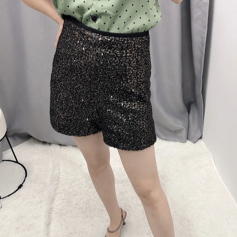 Summer Casual Sequin Harem Shorts 2024 Women Fashion Chic Commute High Waist Shorts Elastic Waist Sexy Black Straight Shorts