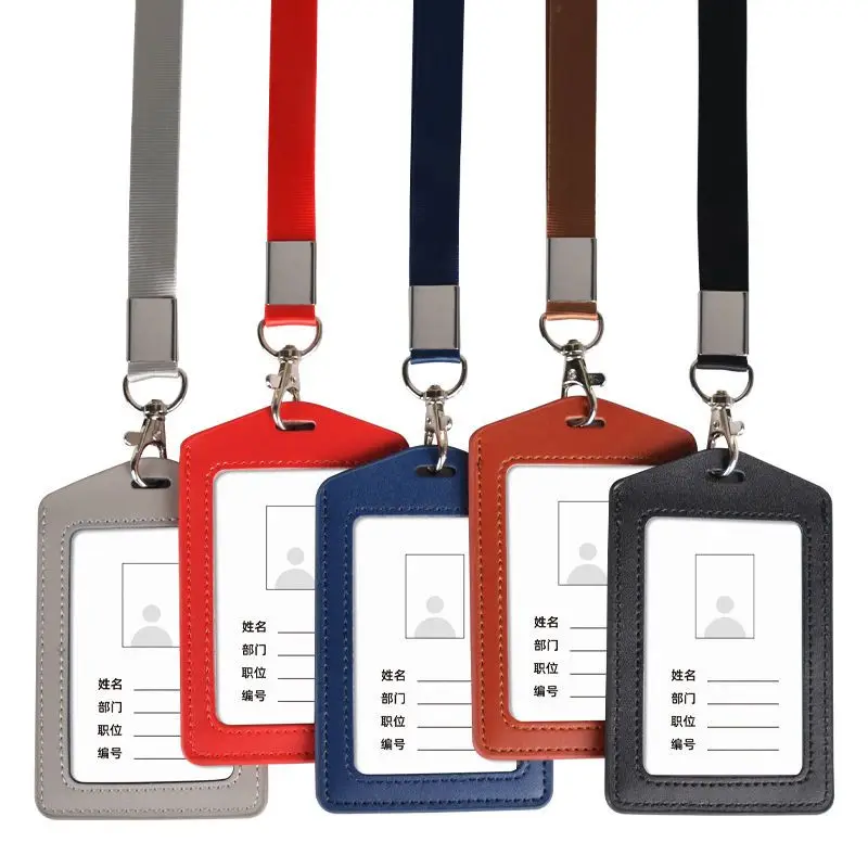 NEW Leather Id Card Badge Holder with Lanyard Chest Card Name Tag Work Pass Cover Office Supplies