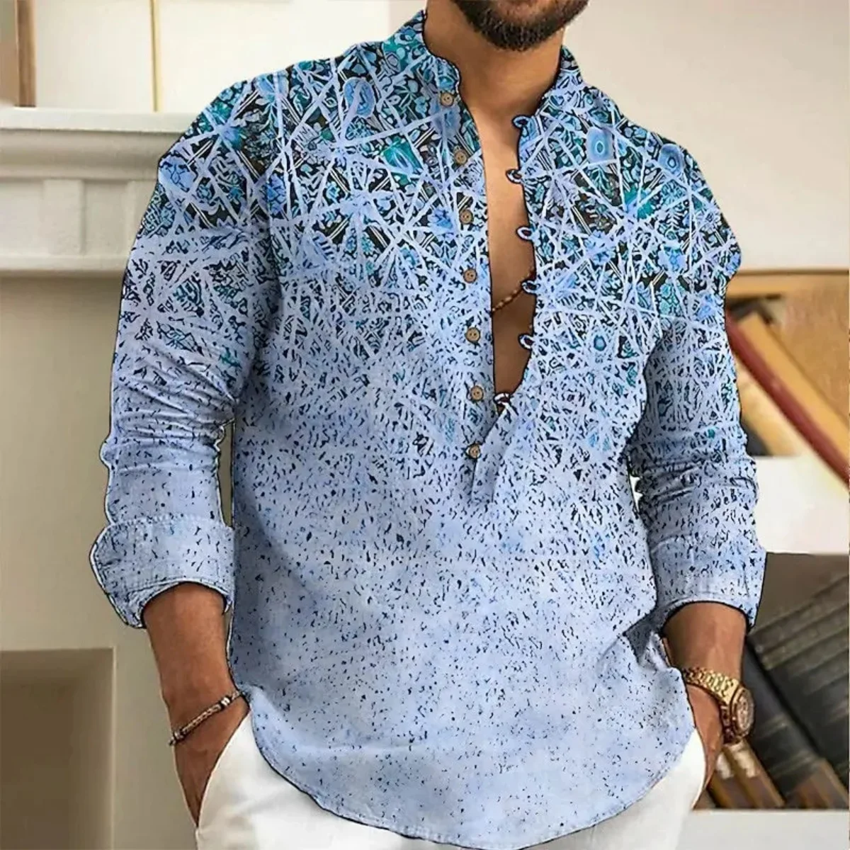 Men's Henry Linen Shirt Pullover Camouflage Print Comfortable Soft Retro Long Sleeve Button Casual Top Plus Size XS-6XL