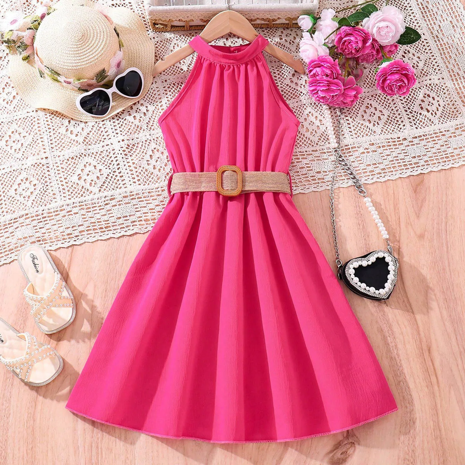 Summer Teenage Dresses For Kids Girls With Belted Halter Off Shoulder Formal Party Dress Children Girls Toddler Clothes 8-11y