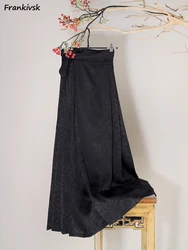 Black Long Skirts Women Spring Summer Chic Retro All-match Basic High Waisted Street Vintage Clothes Chinese Style Faldas Largas