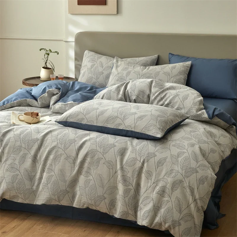 High Grade 100% Cotton Bedding Set Leaf Printed Duvet Cover Set with Bed Sheets and 2 Pillowcases King Queen Size Bed Linen Set