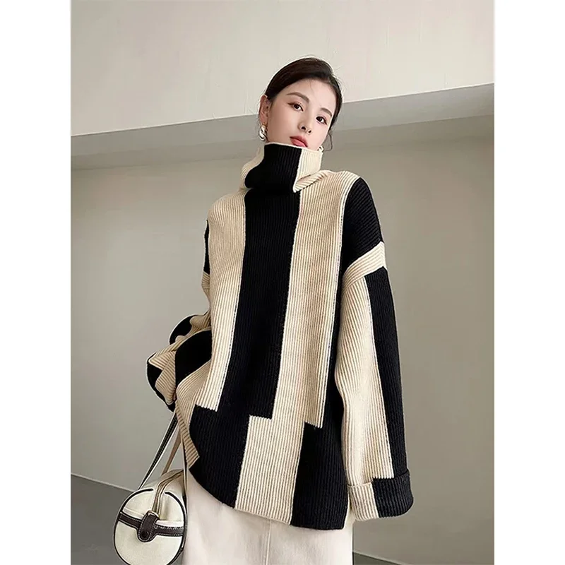 

Striped Sweater Women Turtleneck Patchwork Knitted Pullovers Korean Elegant Oversized Irregular Knitwear Casual Jumpers V1366