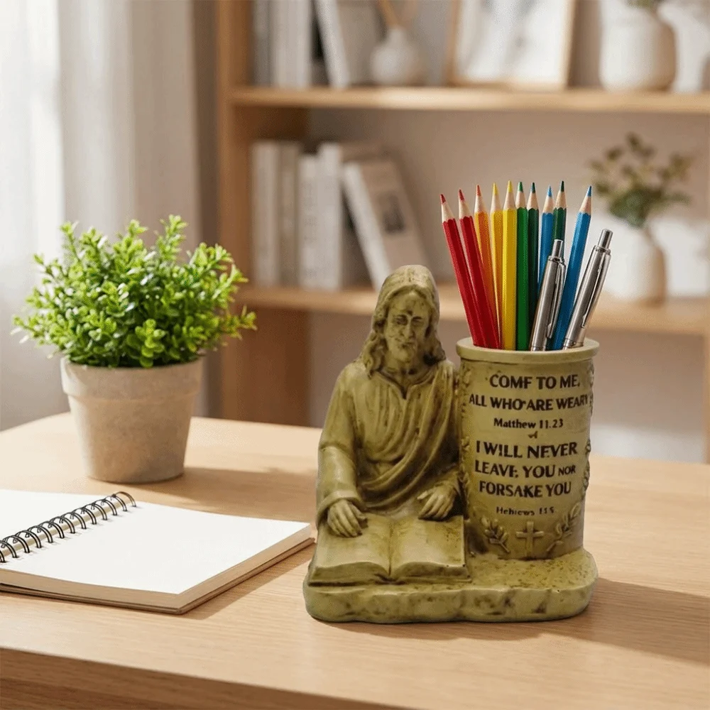 Vintage Resin Jesus Pen Holder Comforting with Verse Cross Pen Holder Spiritual Stationery Organizer for Office Desk