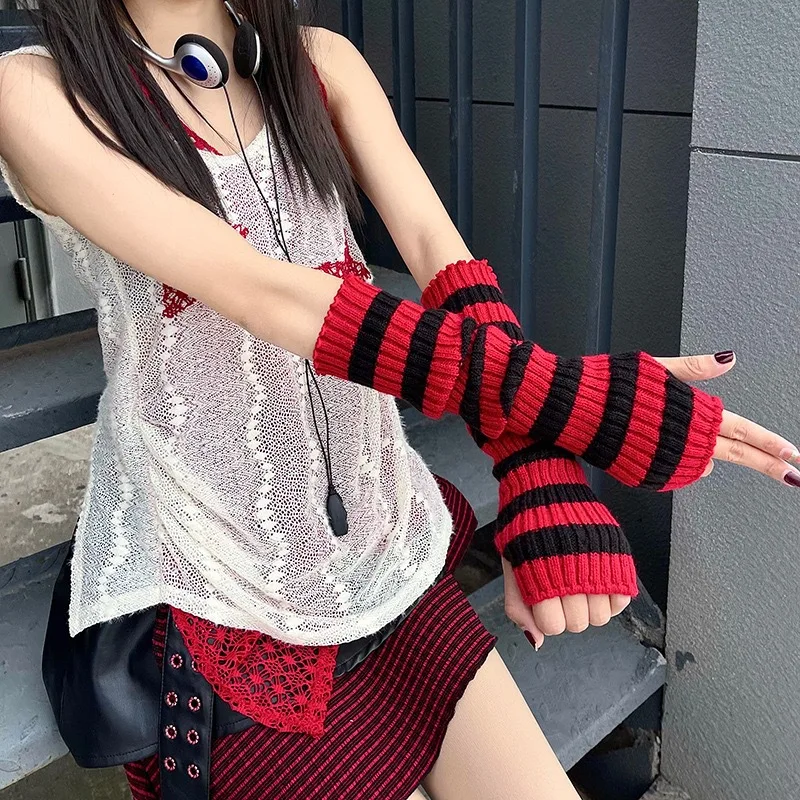 Striped Fingerless Gloves for Women Winter Knitted Long Arm Warmers, Thumbhole Elbow Length Sleeve Cuffs, Novelty Color Block