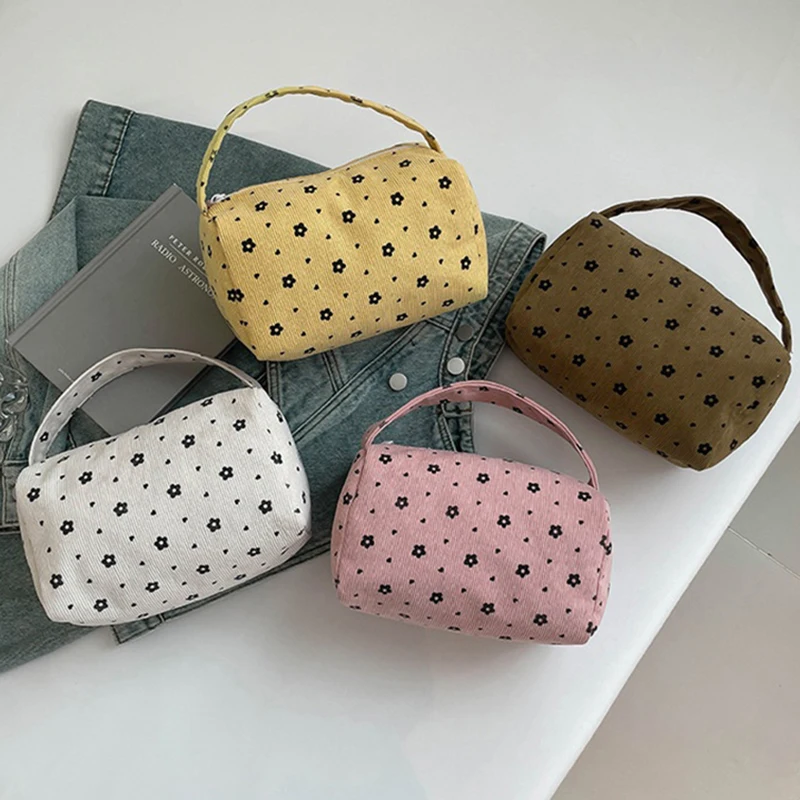 

1Pcs New Fashion Corduroy Flower Handbag Large Capacity Lightweight Cosmetic Bag Colorful Zipper Travel Storage Bag