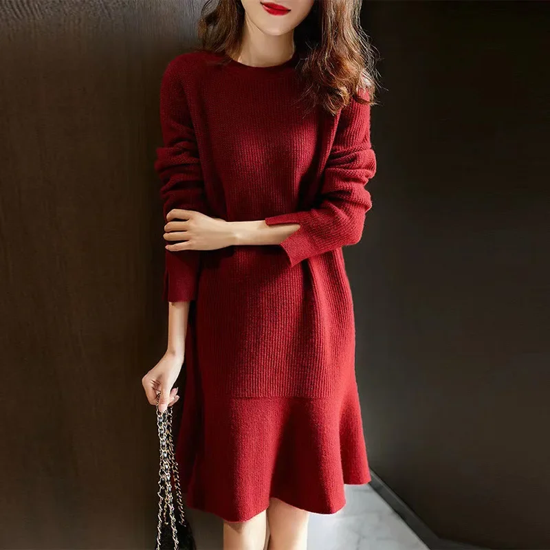 Versatile Round Neck Knit Dress Solid Color Slimming Medium-Length Base Ruffle Edge Fish Tail Skirt New Arrival Fall 2024