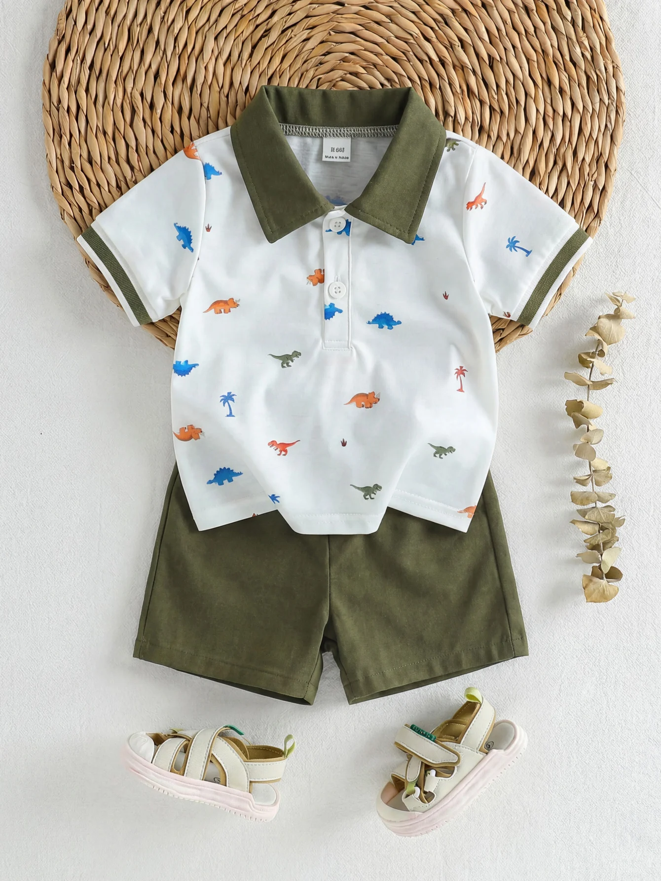 Baby Boy Polo 2‑Piece Set, Printed Lapel Short‑Sleeve Top With Solid Color Shorts, Casual Outfit For Summer Trip