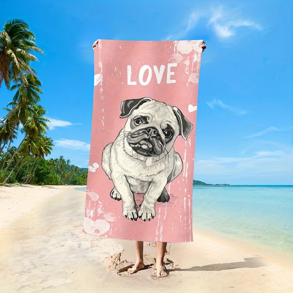 Love Pug Beach Towel Patterned Sunscreen And Windproof Suitable For Swimming Pool Camping Travel Blanket
