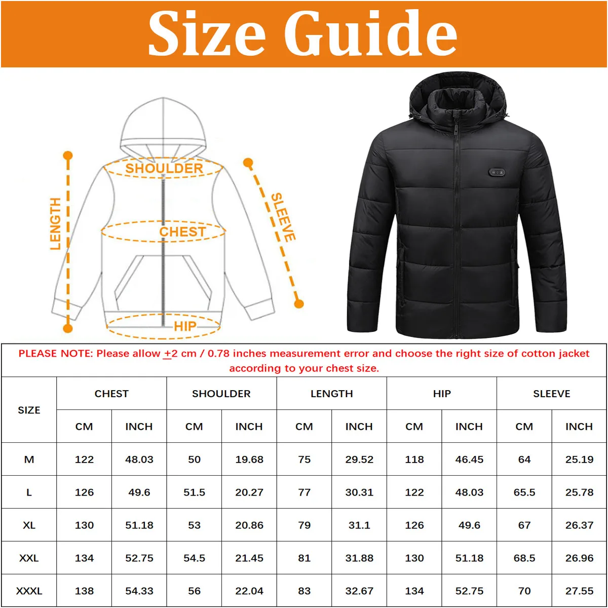 2024 New Heated Jacket, Winter Warm Outdoor USB Electric Heated Cotton Jacket with 15 Carbon Fiber Heating Pads