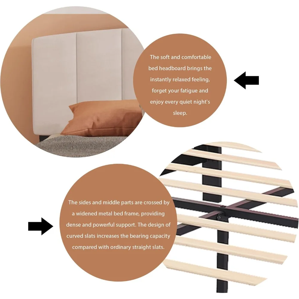 إطار سرير منجد بحجم كوين من alazyhome مع لوح رأسي منجد مخملي وشرائح خشبية تدعم بدون صندوق زنبركي N