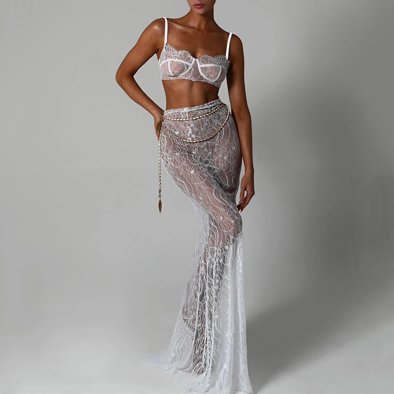 Women\'s Backless Suspender Skirt Two-Piece Sexy Floor Length Long Skirt Set See Through Lace Chain Evening Dress