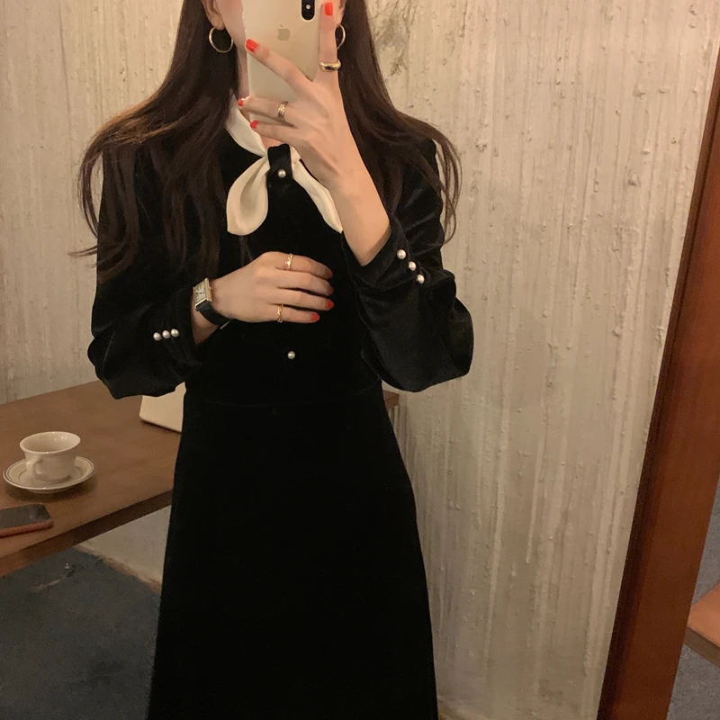 Ele terciopelo cintura acanchamiento nudo Dr Hepburn Sle coreano Faion primavera Otoño Invierno ropa Casual para mujeres