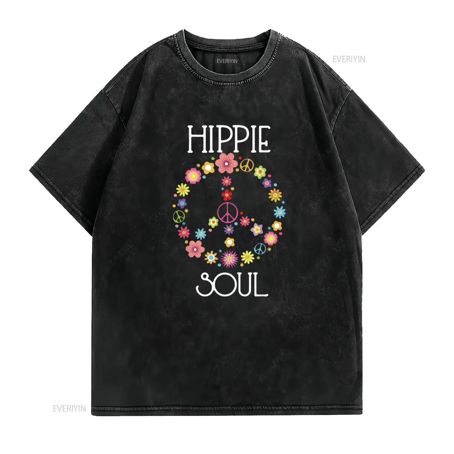 رجل الهبي الروح زهرة السلطة علامة السلام الغجر 60s 70s تي شيرت أسود خمر غسلها الشارع الشهير مصمم الملابس تنفس #2