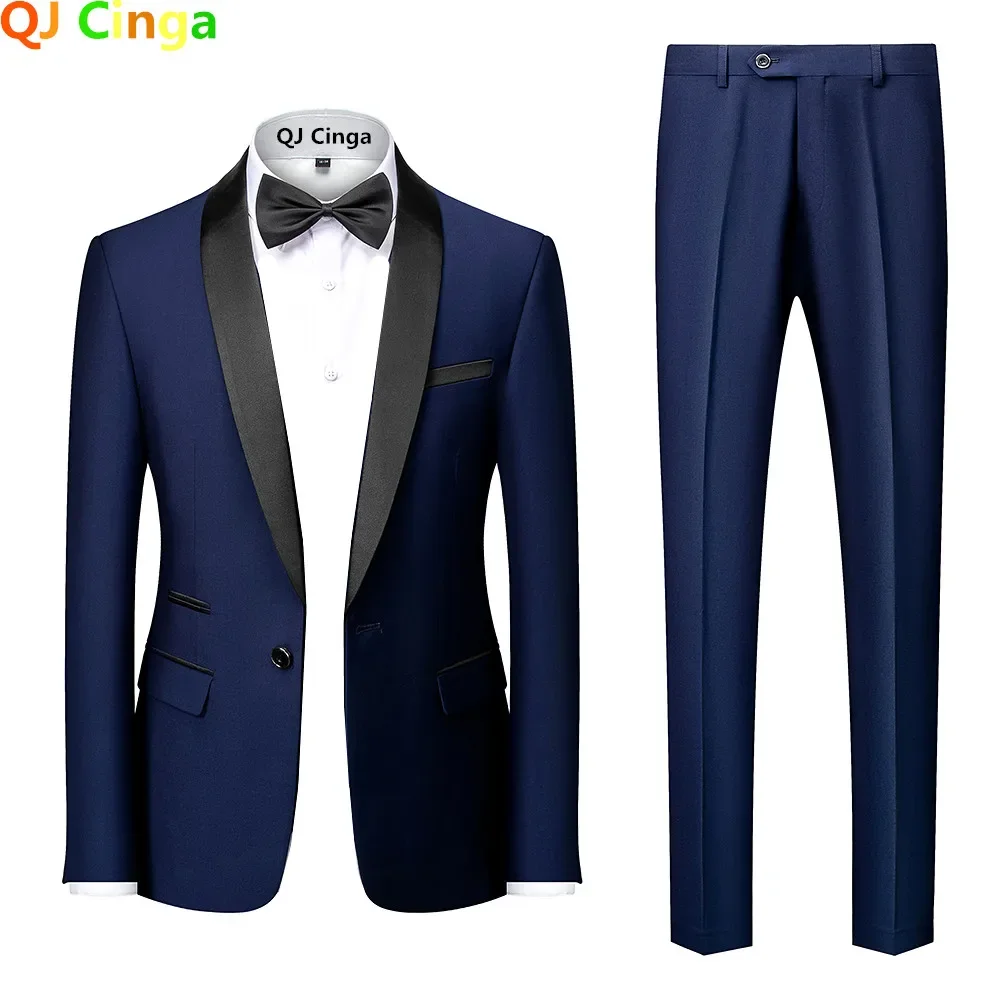 Black Men Color Block Collar Suits, Business Casual Jacket Trousers, Asian Size Blazers Coat Pants, Blue Men\'s 2 Pieces Set