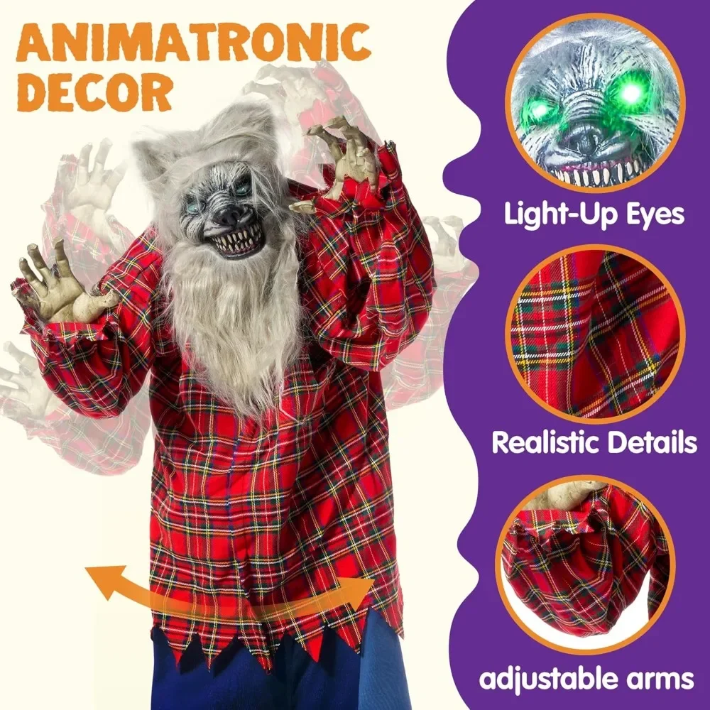 Liquimanquer Animatronics d'Halloween, Décorations Effrayantes de Loup-Garou d'Halloween avec Yeux LED et Son Effrayant, Anima Taille Réelle, 68 Pouces