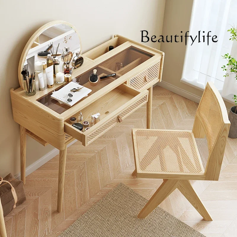 Nordic rattan dresser integrated solid wood wabi sand wind ins bedroom simple makeup table