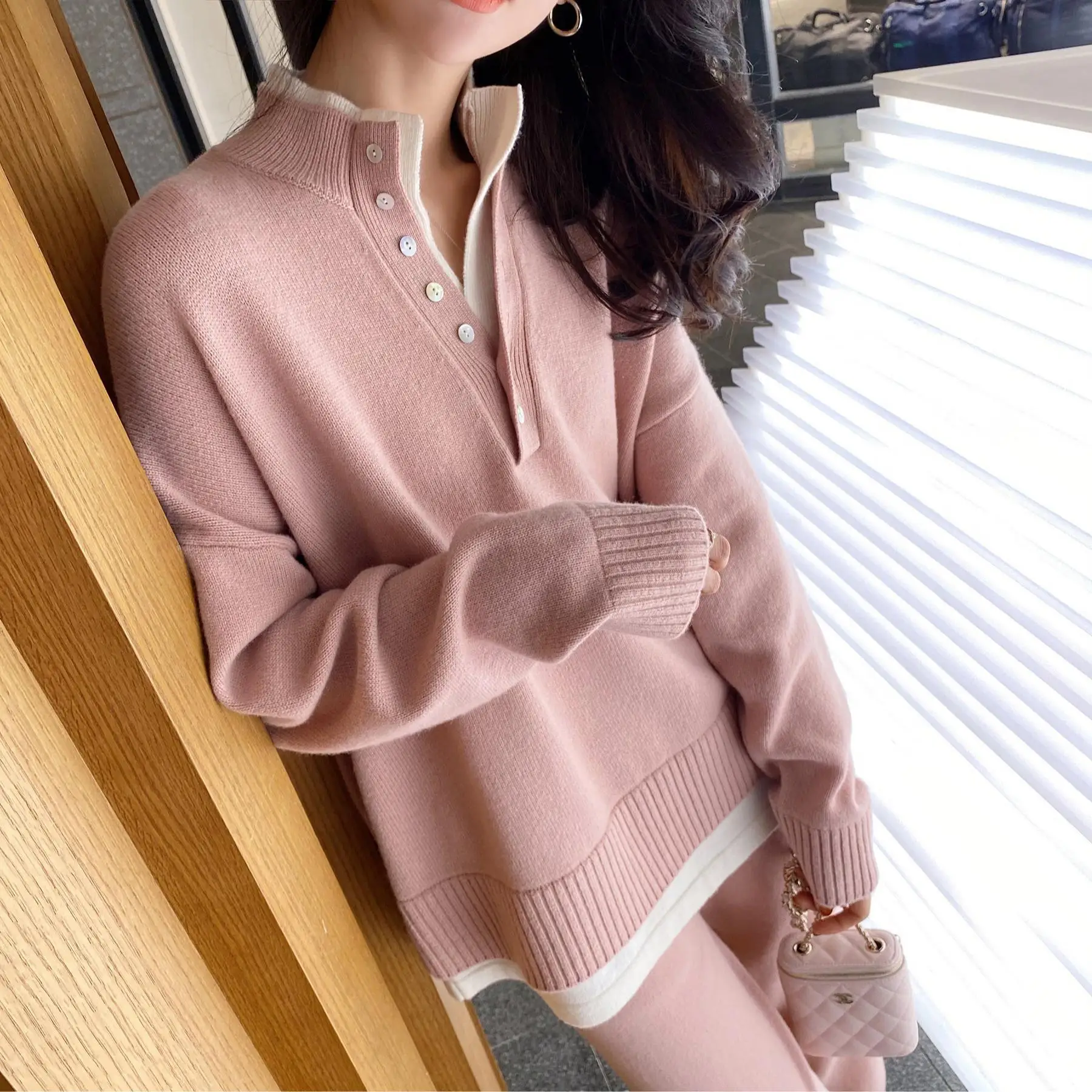 Autumn Knitted Pant Suits Women Korean Fashion Casual Loose Tracksuits Oversized Stand Collar Sweater Knitted Pants 2pcs outfit