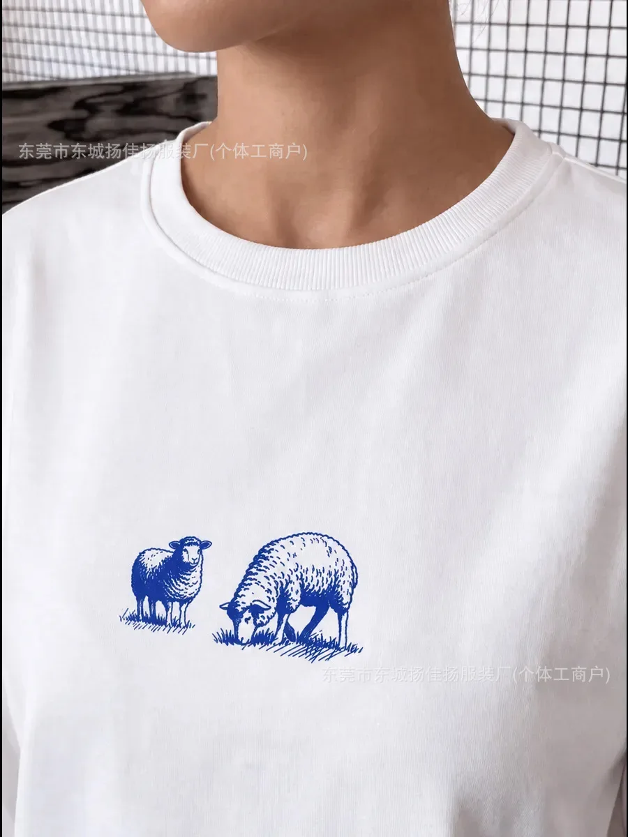 Chic Women 100% Cotton Long Sleeve T Shirt Vintage Sketch Mountain Sheep Graphic Loose Oversized Nature Casual Streetwear Tees