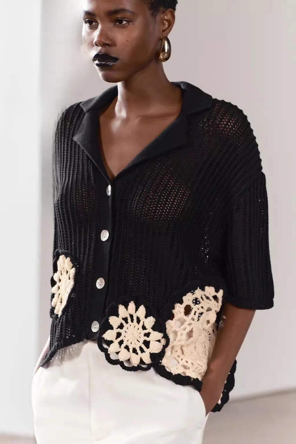 

Summer 2024 Women's Knitted Embroidered Collar Asymmetrical Top Sweet Sle Loose Fit ort Sve Plant Floral Pattern
