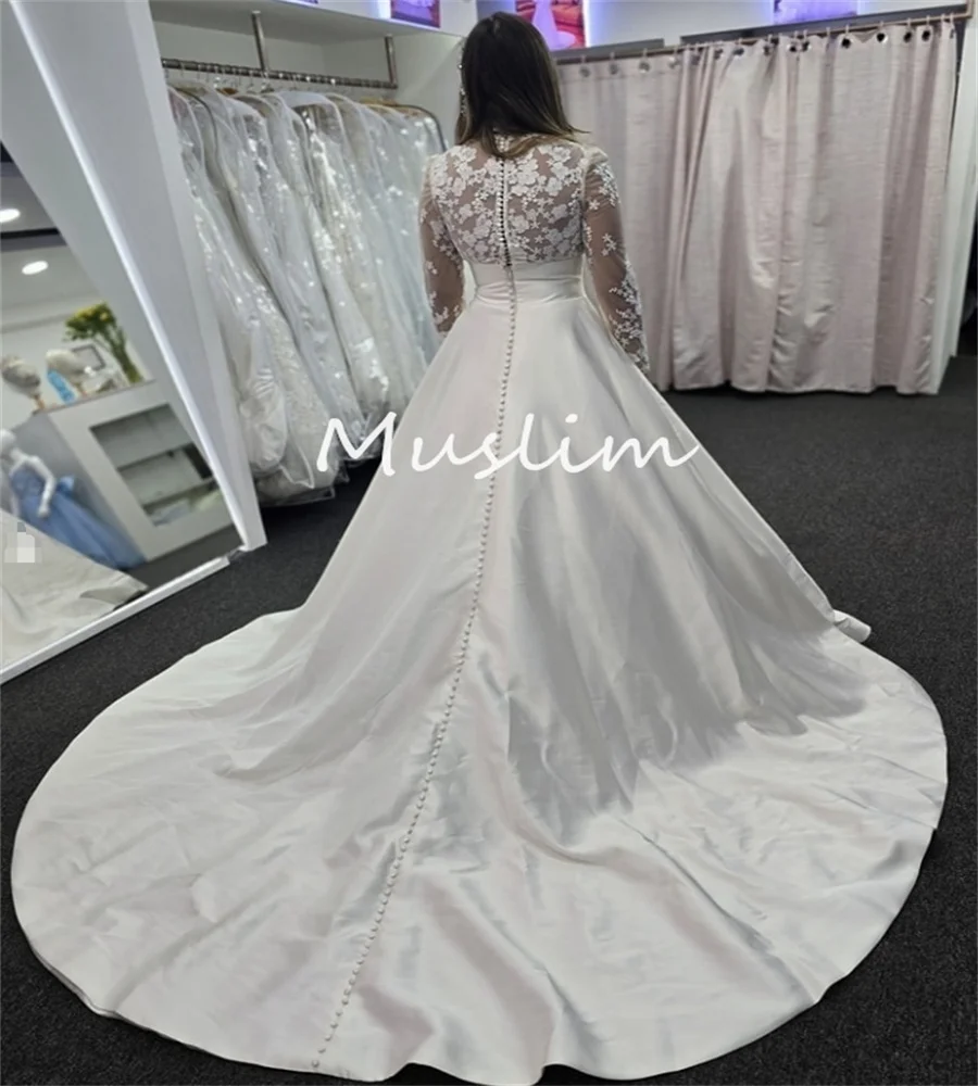 Modern Satin Long Sleeve Wedding Dress 2025 High Neck Lace Civil Country Bridal Gowns Elegant Greek Boho Bride Garden Customized