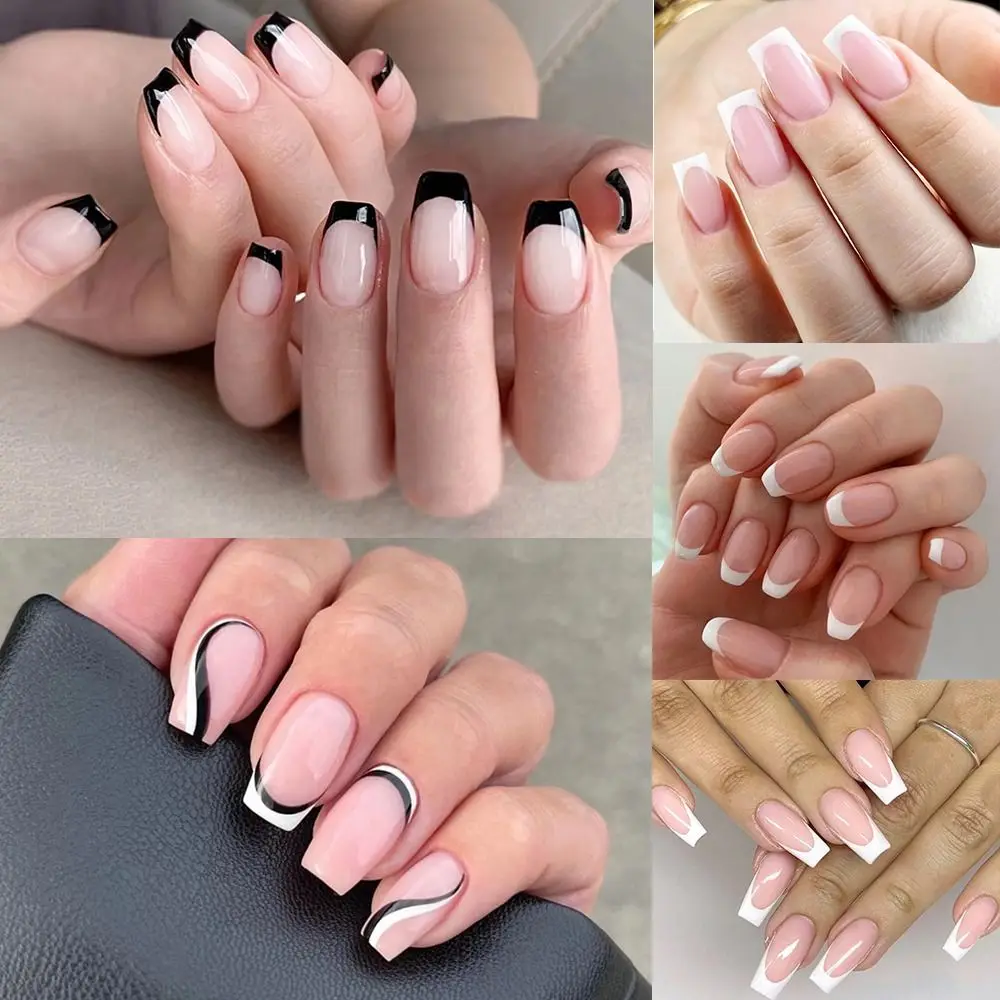 24 قطعة من أطراف الأظافر المتموجة اضغط على الأظافر DIY راقصة الباليه الفرنسية ذات الحافة البيضاء والأظافر المزيفة القصيرة الفرنسية