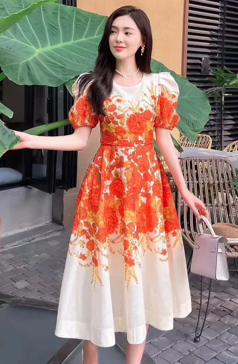 

High Quality Linen Dress 2023 Summer Fashion Style Ladies Colorful Floral Prints Short Sleeve Mid-Calf Orange Pink Dress Chic