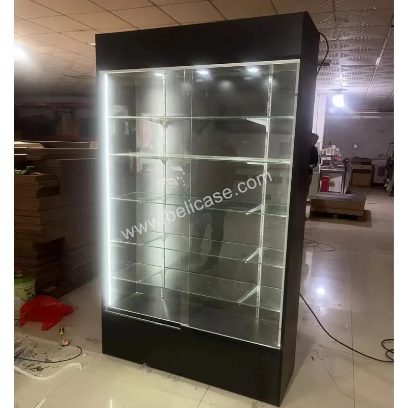 

2025customized. cheap price glass display with LED light and lock wall showcase retail shop furniture wooden cabinet