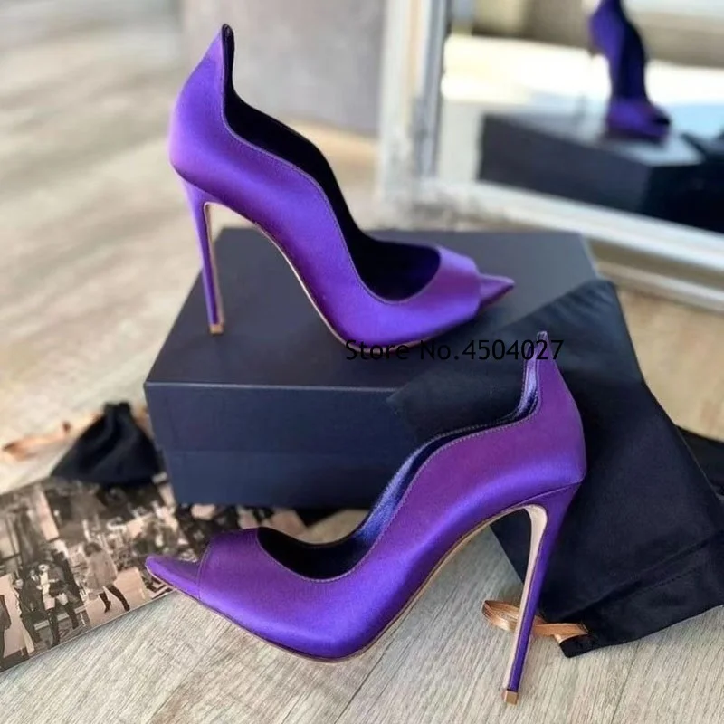 

Purple Satin Pointed Open Toe Thin High Heels Slip On Shallow Pumps Elegant Women's Dress Party Shoes 12cm 10cm 8cm