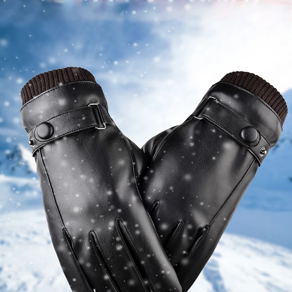 

PU Women Ski Gloves Finger Waterproof Windproof Touch Screen Outdoor Sports Gloves with Adjustable Buckle Black