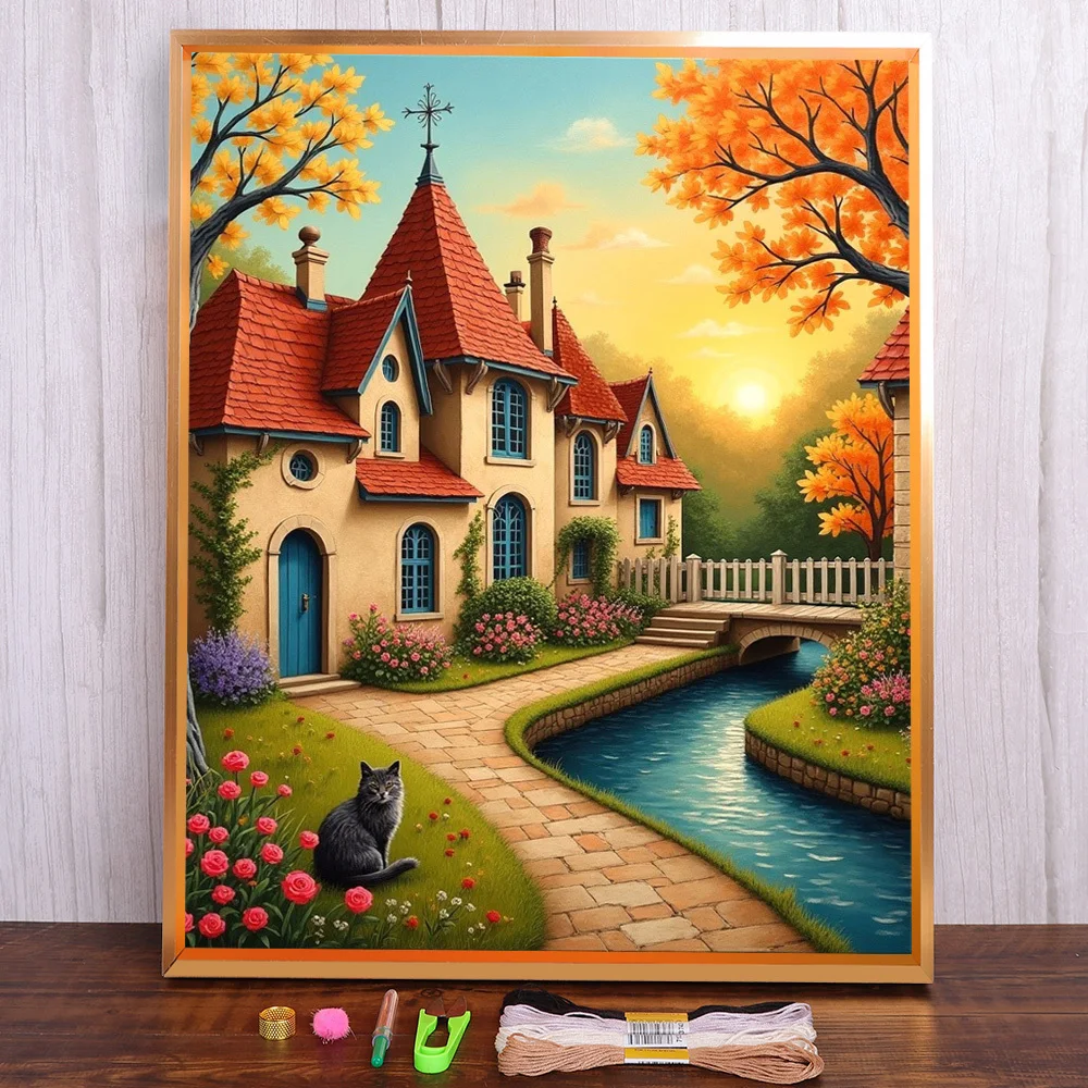 House By River Printed Canvas Cross-Stitch Complete Kit Embroidery Handicraft Painting Handmade Sewing Design For Adults Magic