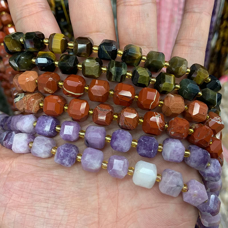 Natural Tiger Eye Red Jasper Lepidolite Stone Beads 15'' Faceted Cube DIY Beads For Jewelry Making Beads Necklace Accessory Gift