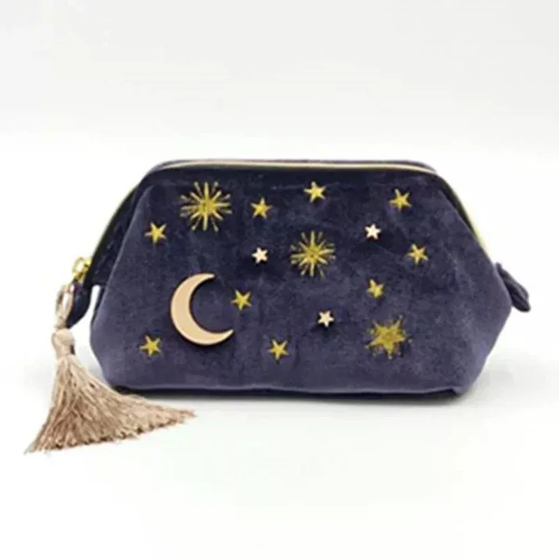 Cute Velvet Embroidery Cosmetic Bag Travel Organizer Women Makeup Bag Zipper Make Up Pouch with Moon Star Tassel Deco