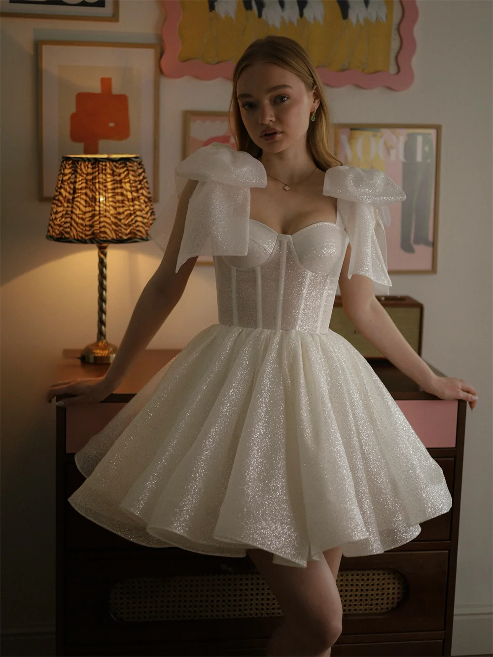 Cathy personalizado branco glitter vestido de baile vestidos de baile alças arco sem mangas vestidos de noiva espartilho mini noite formal 2025