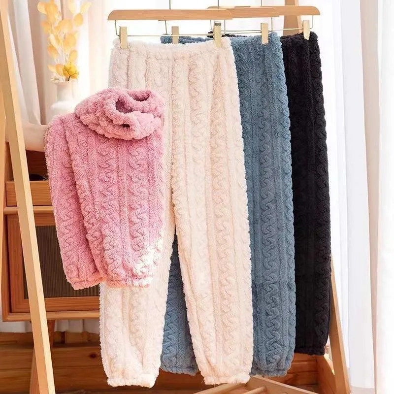 Autumn Winter Women Textured Sleep Pants Drawstring Loungewear Trousers for Bedroom Night Holiday Casual Indoor Relax Bottoms