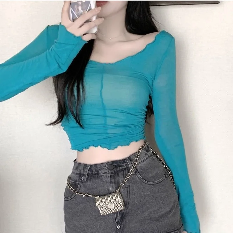 Pure Desire Micro Translucent Summer Thin Cover up Design High Waist Belly Baring Short Shoulder Baring Long Sleeve Top